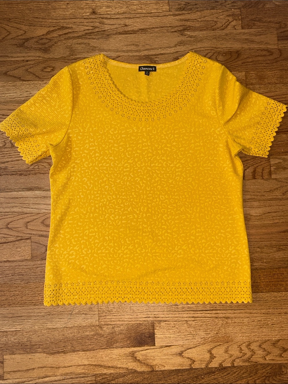 Chances R Mustard Lace Textured Blouse Scalloped Neck Short Sleeves Shirt sz Lg